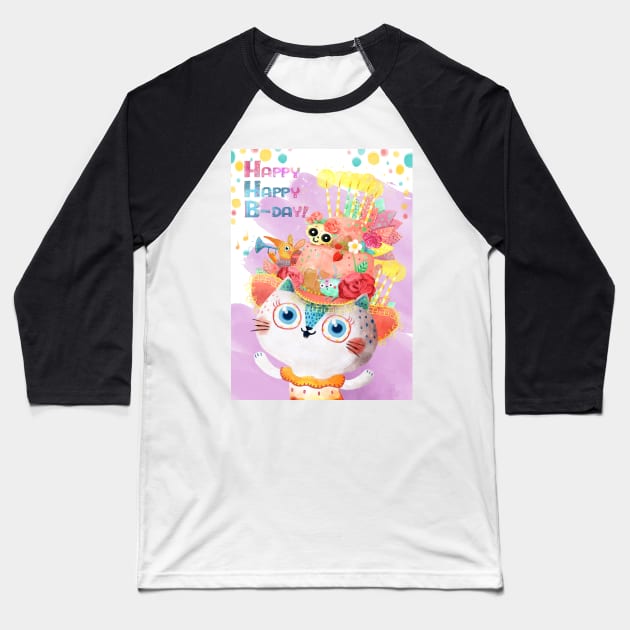 Happy Birthday Card with Cute Cat in Birthday Cake Hat Baseball T-Shirt by monikasuska